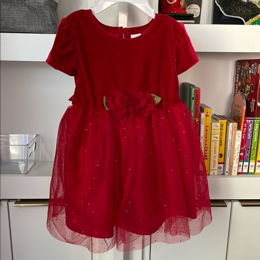 George Velvet Holiday Dress w Ruffled Tulle Tiered Skirt sz 24 Months Red